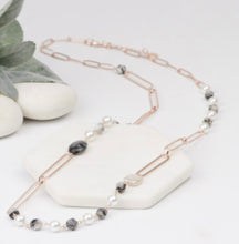 Load image into Gallery viewer, LillyCo Black Stone &amp; Pearl Necklace and Bracelet Set - Rose Gold and Silver
