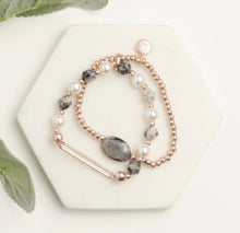Load image into Gallery viewer, LillyCo Black Stone &amp; Pearl Necklace and Bracelet Set - Rose Gold and Silver
