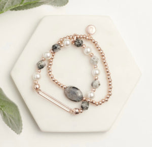 LillyCo Black Stone & Pearl Necklace and Bracelet Set - Rose Gold and Silver